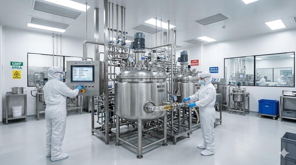 Stainless-steel bioreactor vessels in a cleanroom production area