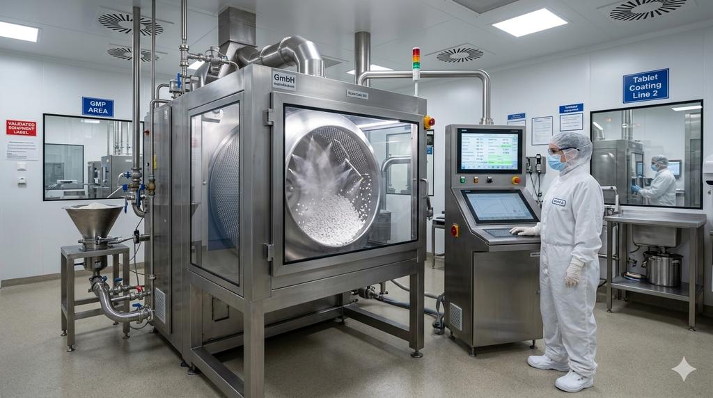 Tablet coating pan and control panel in a sterile-grade manufacturing suite