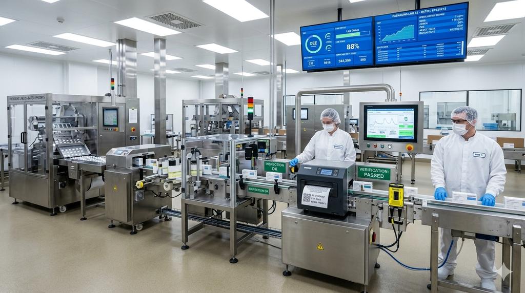 Packaging line with real-time production dashboards overhead