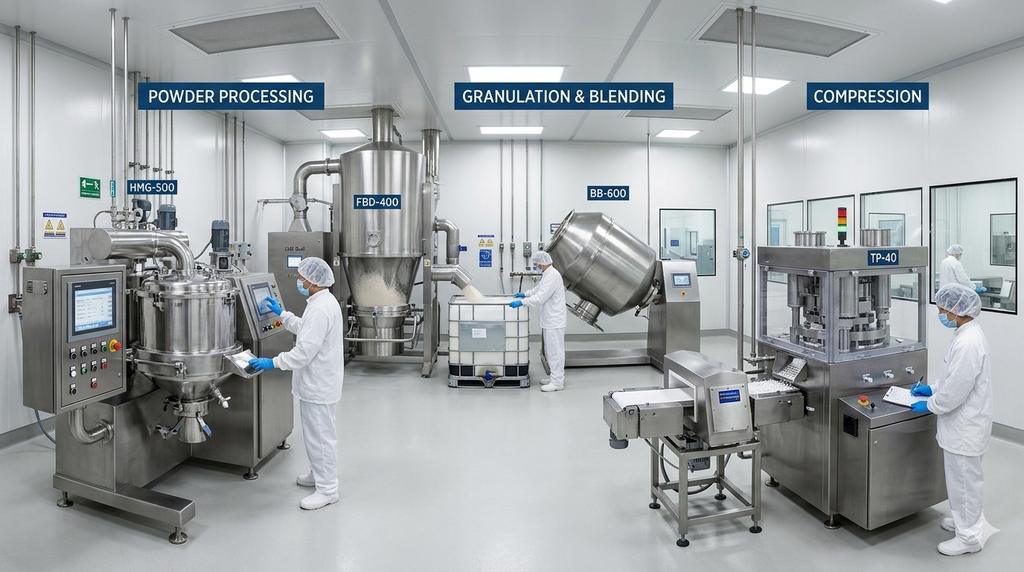 Oral solid dosage train showing powder processing, granulation and compression areas