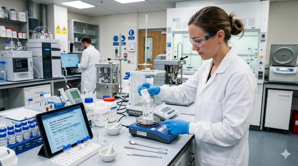 Formulation scientist weighing material with an electronic record on a tablet