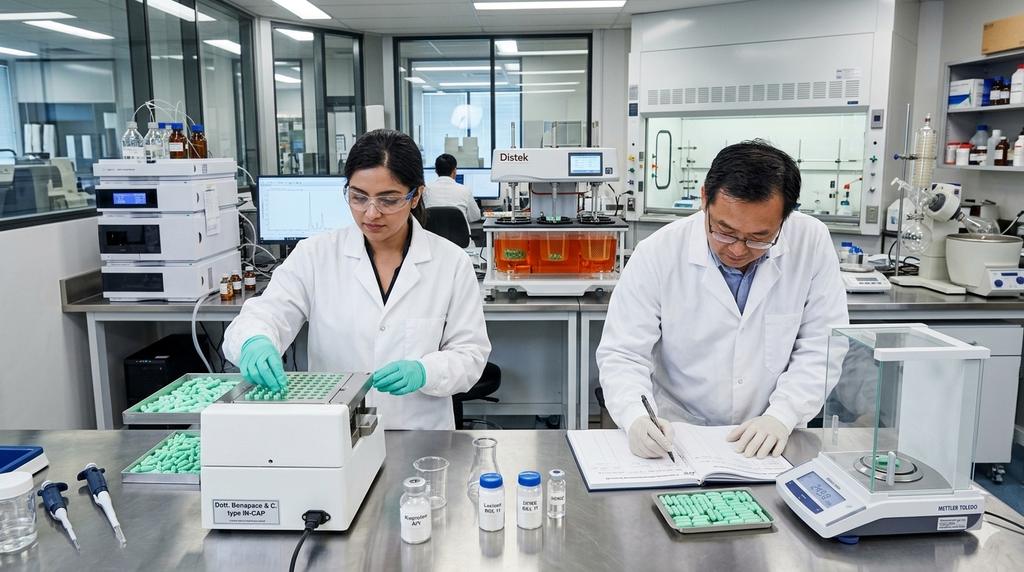 Two analysts preparing samples and recording results at a QC laboratory bench