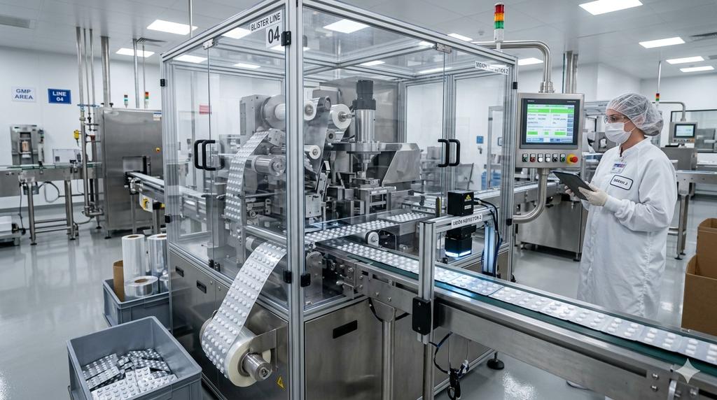 Operator inspecting a blister packaging line