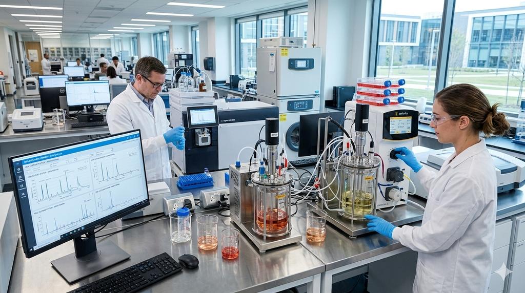 Scientists working with laboratory reactors and data monitors