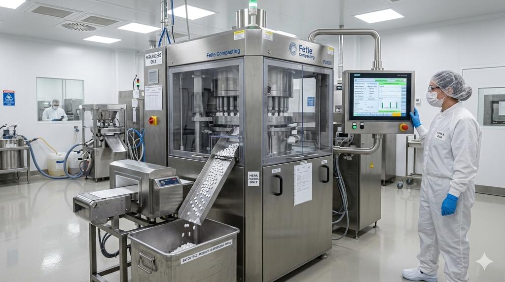 Operator at a rotary tablet press with its control screen
