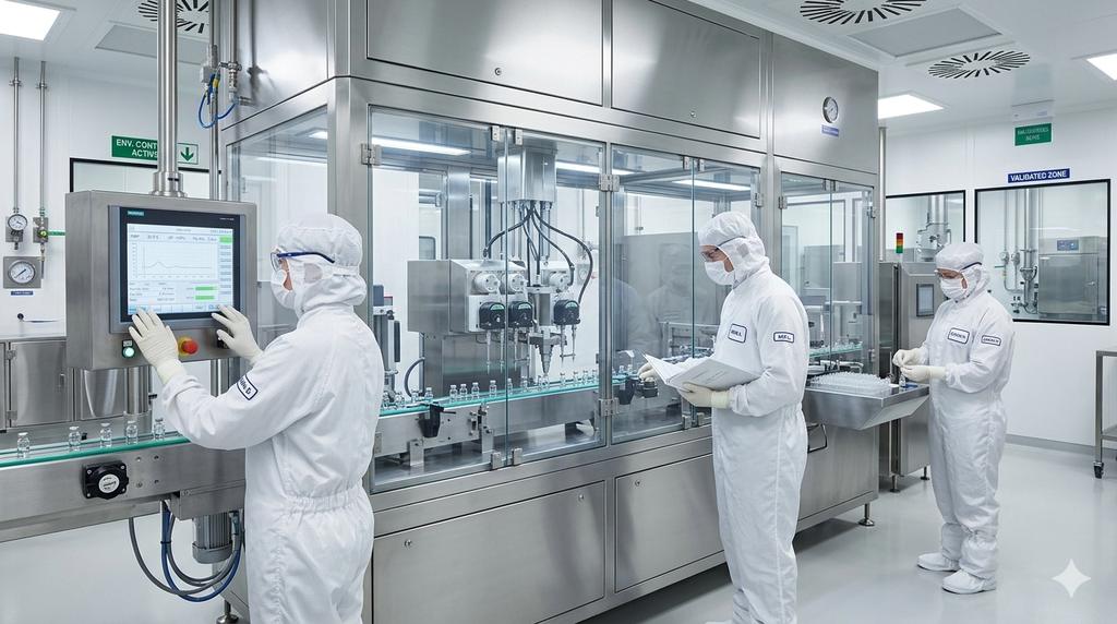 Operators interacting with HMI panels on a cleanroom filling machine